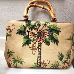 Isabella Fiore Tropical Print Women Bag with Bamboo Handles